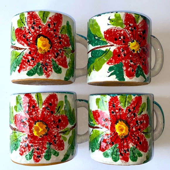 Vintage, red flower, stoneware, coffee mug from Italy, made in Italy hand painte - Picture 2 of 4